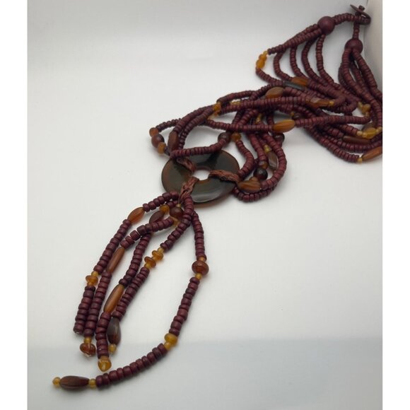 Handmade Beaded Necklace Multi-Strand Tassel Pendant Wood Tribal Boho Nature - Picture 2 of 8